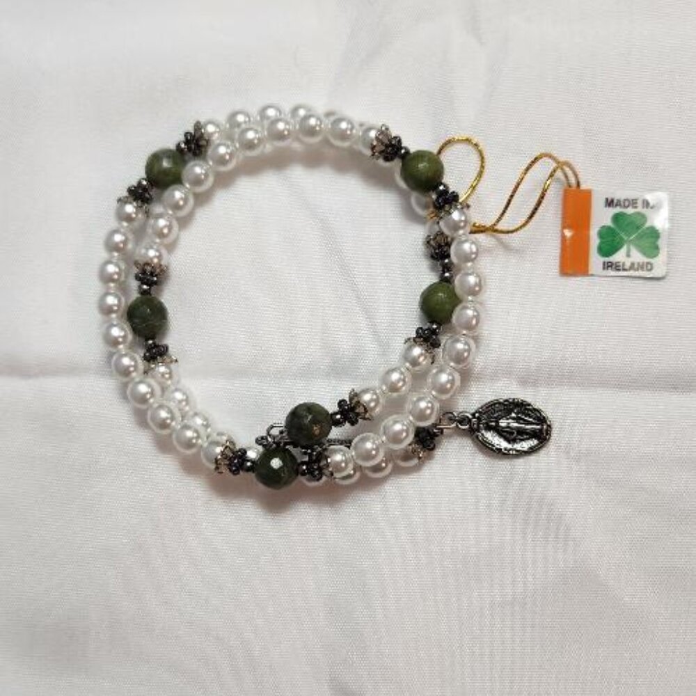 Connemara Marble Faux Pearl Coil Rosary Bracelet